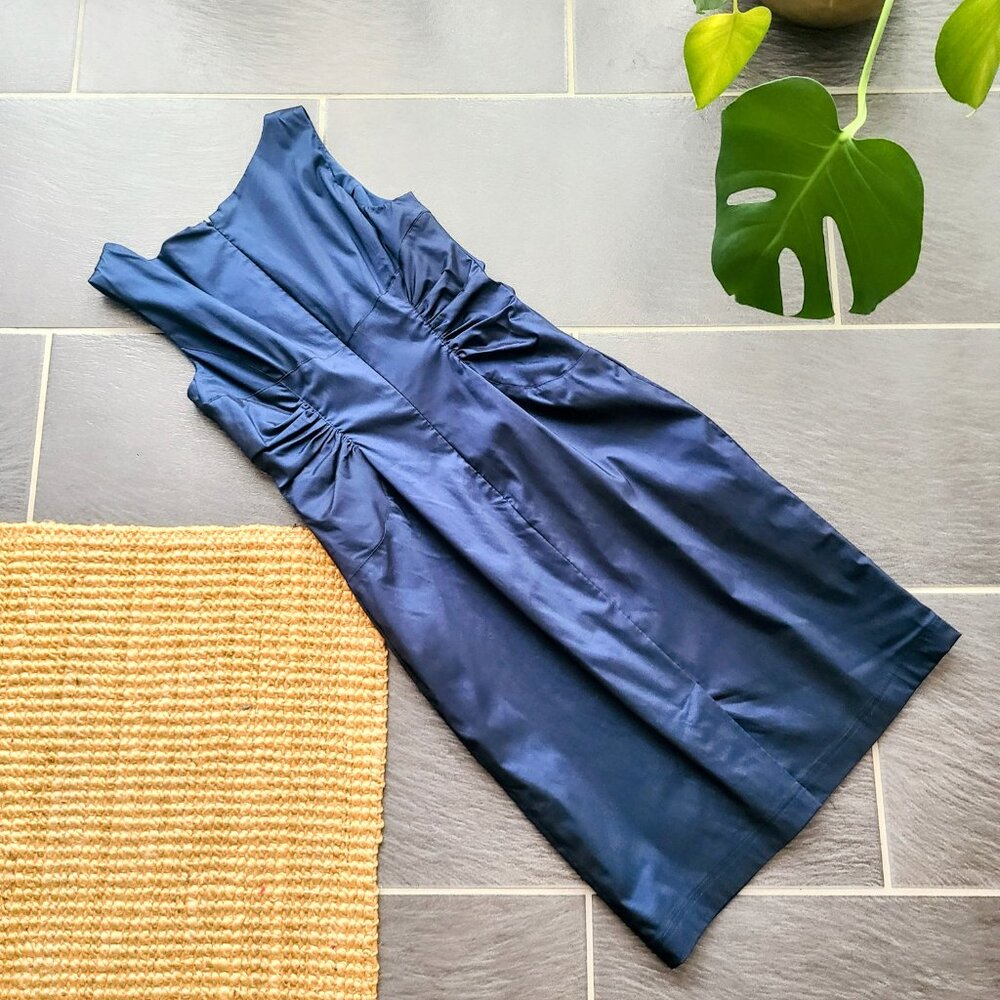 Adrianna Papell Taffeta Metallic Navy Blue Sleeveless Knee Length Evening Dress - Picture 8 of 13